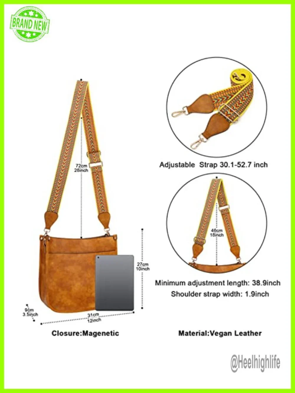 Vegan Leather Crossbody Hobo Bag with 2 Adjustable Straps
